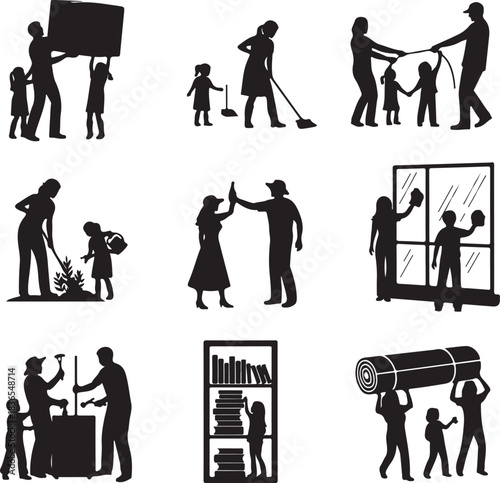 Family silhouettes doing various activities together