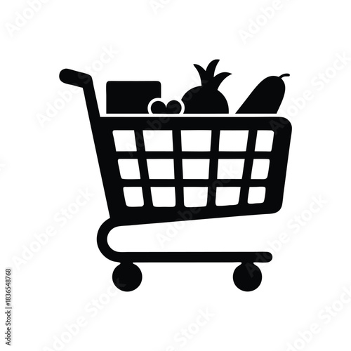 Black shopping cart icon filled with food groceries on white background showcases fresh produce