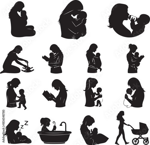 Mother and baby silhouettes various activities family
