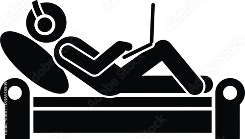 Person relaxing on couch with laptop and headphones listening to music icon