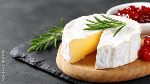 Camembert cheese wheel with rosemary, berry jam, and red currants on a dark background