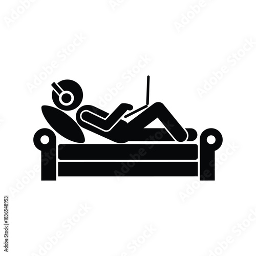Person relaxing on couch with laptop and headphones listening to music icon