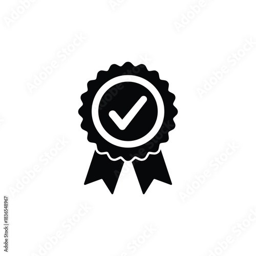 Black and white ribbon award with checkmark icon for quality and approval