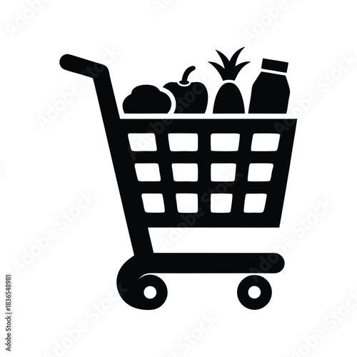 Black shopping cart filled with vegetables and canned goods, perfect for any retail needs