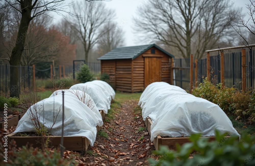 Fototapeta premium Garden beds covered with white fabric protect plants from frost and cold weather. Autumn preparation for winter ensures plant survival. A small wooden shed stands in the background.