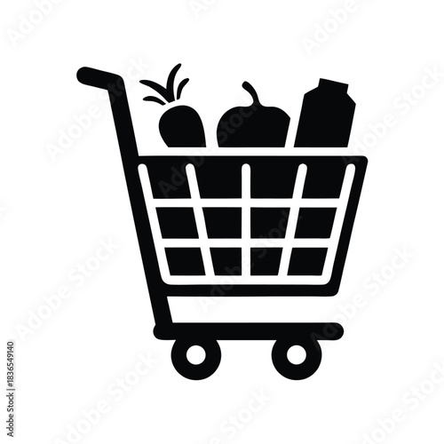 Black grocery cart holds vegetables, a fruit, and milk, showcasing a complete healthy diet