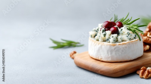 Gourmet Camembert Cheese Topped with Blue Cheese, Cranberries, and Rosemary