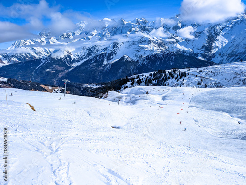Mountains and skiing in Les Contamines, French alps.