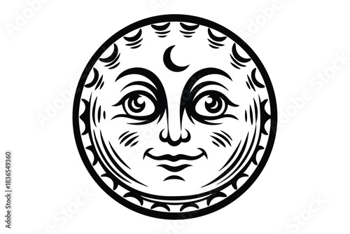 Stylized visage features moon details around the face outlined in a thick black ring