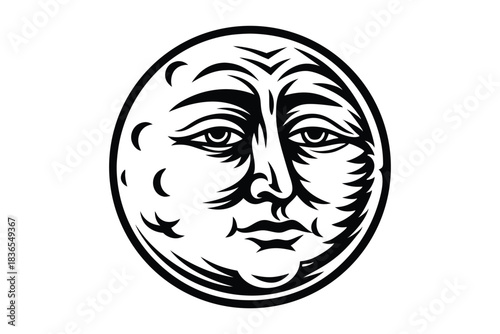 Stylized man in the moon visage appears in monochrome, conveying celestial symbolism