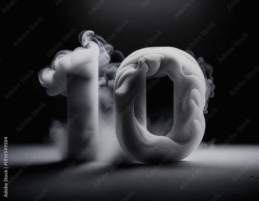 Fototapeta premium Number 10 in 3D Smoky Cloud Style on Dark Background for Countdown, Event Promotion, Launch Announcement, Typography, Digital Art, Marketing, and Creative Poster Design