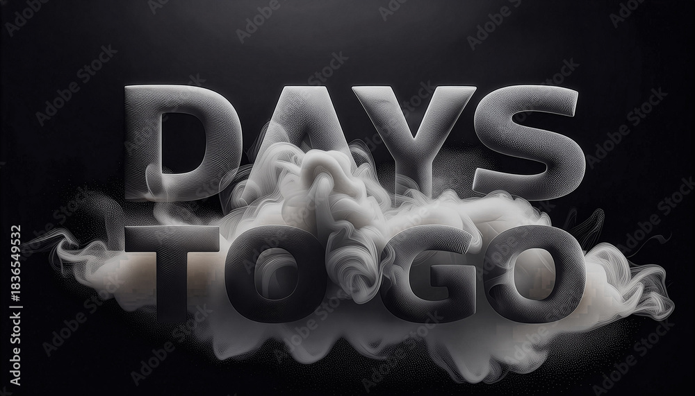 Fototapeta premium Countdown Text “Days To Go” in 3D Smoky Style with Abstract Cloud Effect on Dark Background for Event Promotions, Marketing, Launch Announcements, and Social Media Campaigns