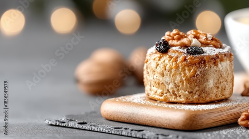 Festive Honey Walnut Mini Cake with Glaze, Powdered Sugar, and Bokeh Background