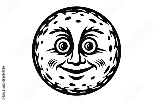 Smiling moon face is depicted with craters and radiating features in black and white