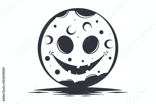 Illustrated moon face with craters smiles, casting dark shadow on the ground beneath it