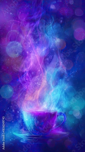 a glowing cup of coffee with colorful smoke rising from it