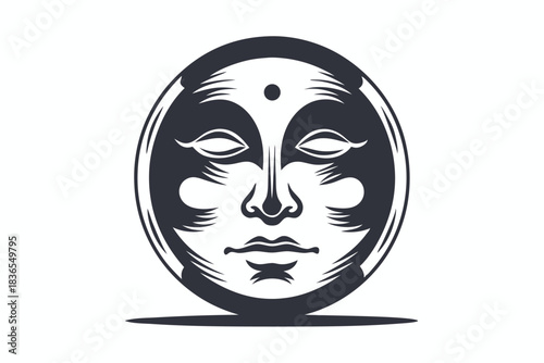 Symbolic buddha face in black and white circle exhibits peaceful spirituality and enlightenment