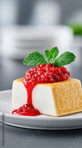 Creamy Dessert with Raspberry Sauce and Fresh Mint