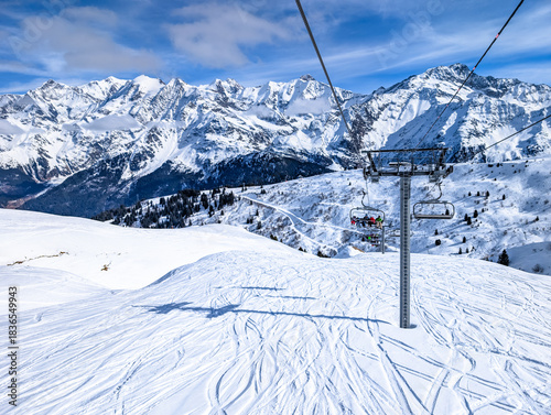 Mountains and skiing in Les Contamines, French alps.