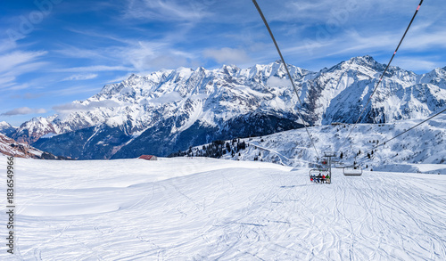 Mountains and skiing in Les Contamines, French alps.