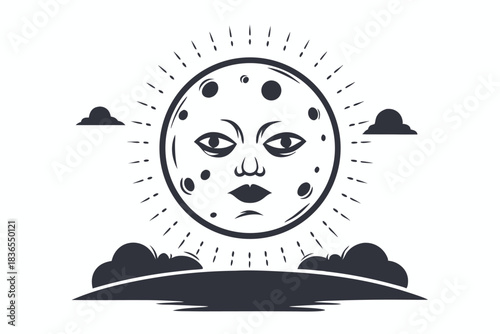Solitary indigo moon face with human features gazes outward with cosmic mystery and antique charm