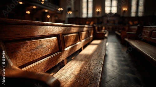 Warm sunlight streams across empty wooden church pews, creating a serene and contemplative atmosphere of quiet reflection and spiritual solace within a sacred space.
