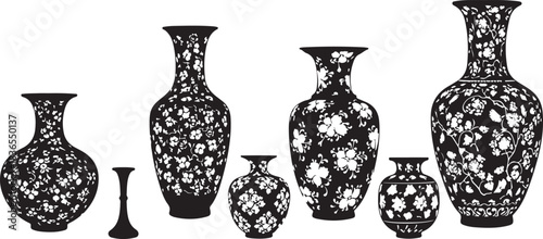 Seven Black Vases with Floral Patterns container vessel