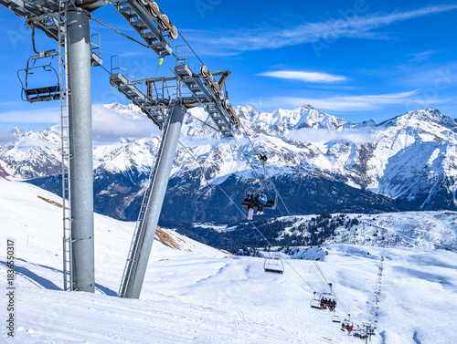 Mountains and skiing in Les Contamines, French alps.