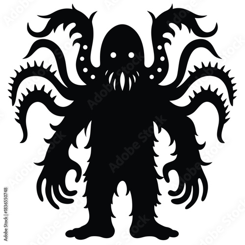 Silhouette shows scary monster with tentacles and spiky arms standing against the white background