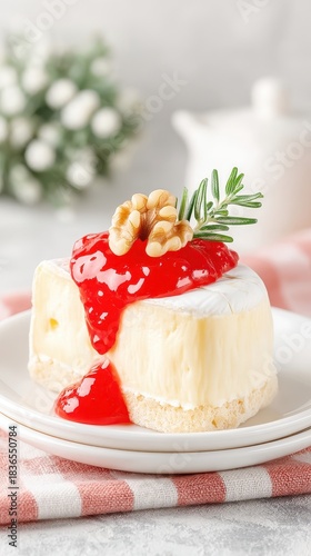 Gourmet Camembert Cheese with Red Jam, Walnut, and Rosemary