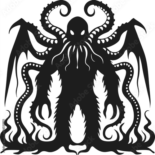 Monstrous silhouette shows tentacled humanoid figure with wings, exuding a spectral and formidable presence