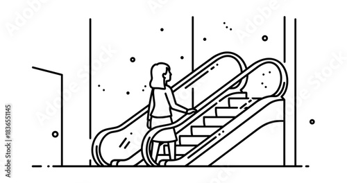 Female figure on escalator in minimalist black and white outline art