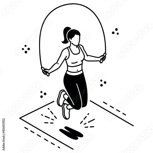 Young female exercising with jump rope in minimalist black and white illustration