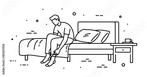Line art of male adult sitting on bed putting on socks in minimalist bedroom scene