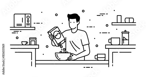 Young caucasian male preparing breakfast in modern kitchen