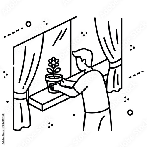Young caucasian male watering potted plant on windowsill line art