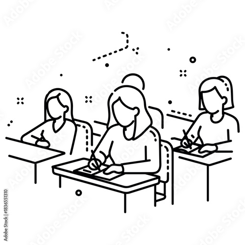 Line art of students in classroom setting taking notes