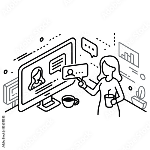 Female office worker in virtual meeting with beverage and digital interface icons