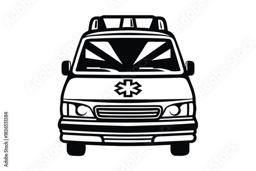 Frontal view of a robust ambulance vehicle with lights and Star of Life emblem