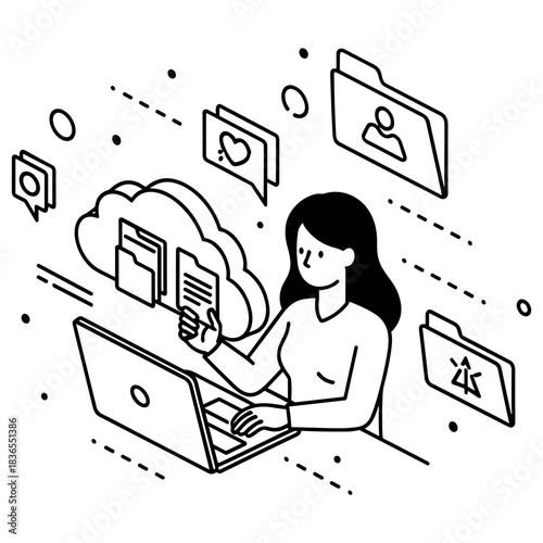 Female using laptop with cloud technology and file sharing icons