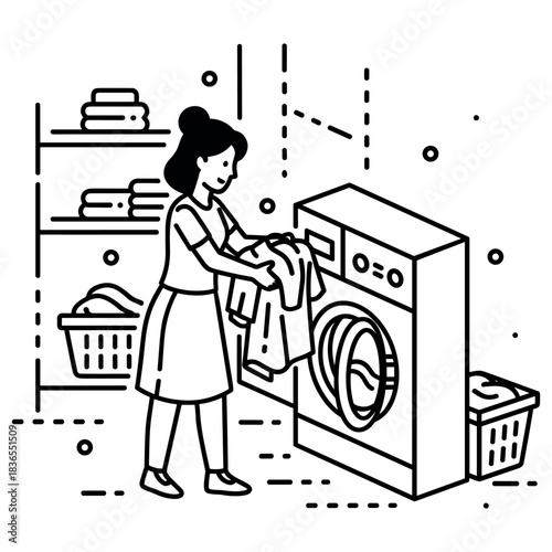 Asian female adult doing laundry at home with washing machine