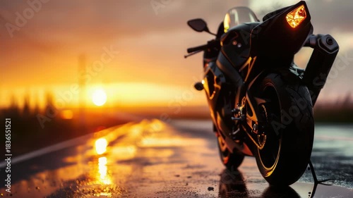 Video A motorcycle parked on the side of a wet road, suitable for use in scenes where a rider may have stopped due to inclement weather