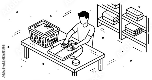 Young caucasian male ironing clothes in laundry room cartoon illustration