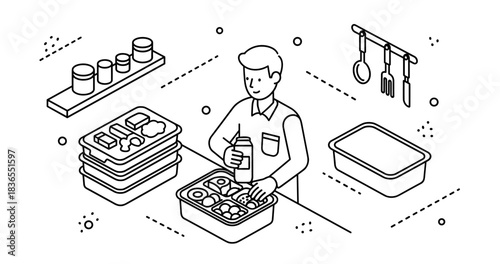 Male preparing healthy lunch with container and juice in kitchen
