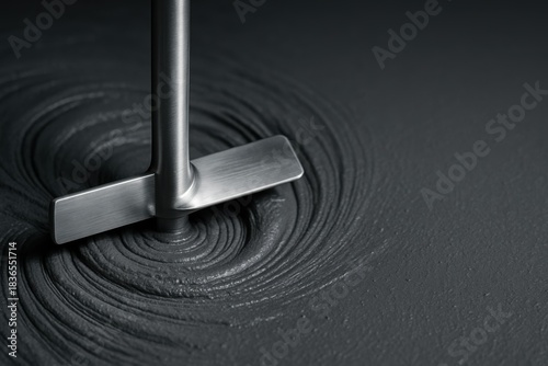 Stainless steel mixing paddle creating circular patterns while blending thick dark slurry during material processing  
