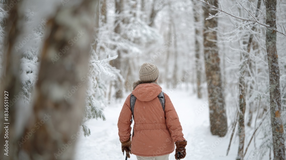 Fototapeta premium Person walking through a snowy forest. the person is wearing a pink jacket, a beige beanie, and brown gloves. they are walking on a path that is covered in a thick layer of snow.