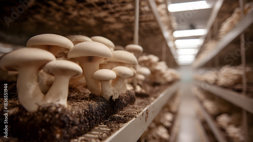 Growing edible mushrooms on shelf in indoor farm