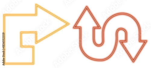 Neon glowing arrow icons, one turning right and one showing a complex up and down loop, isolated on white background