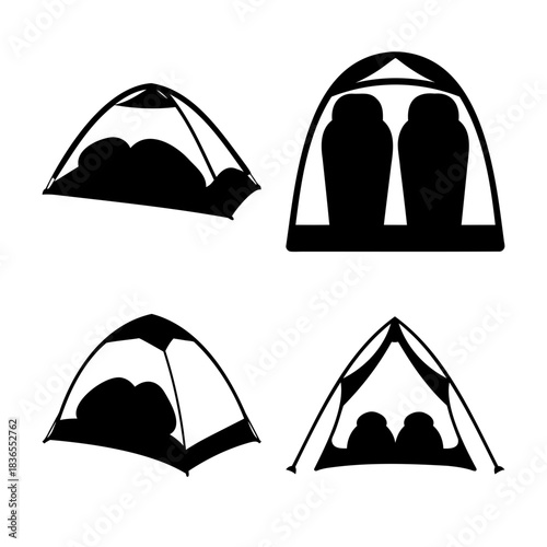 Set of outdoor camping tent silhouettes with sleeping bags