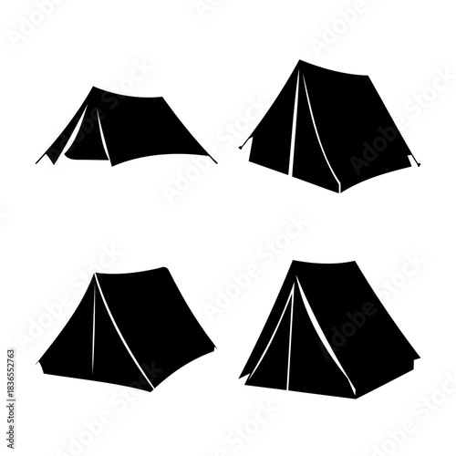 Four black silhouette camping tents for outdoor adventure icon